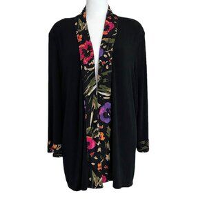 TanJay Black Open Front Cardigan Multicolor Floral Trim Detailing (L)